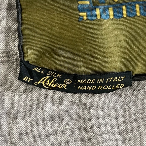 Vintage Ashear 100% Silk Made Italy Hand Rolled Olive Green Blue Paisley Scarf - Picture 3 of 4
